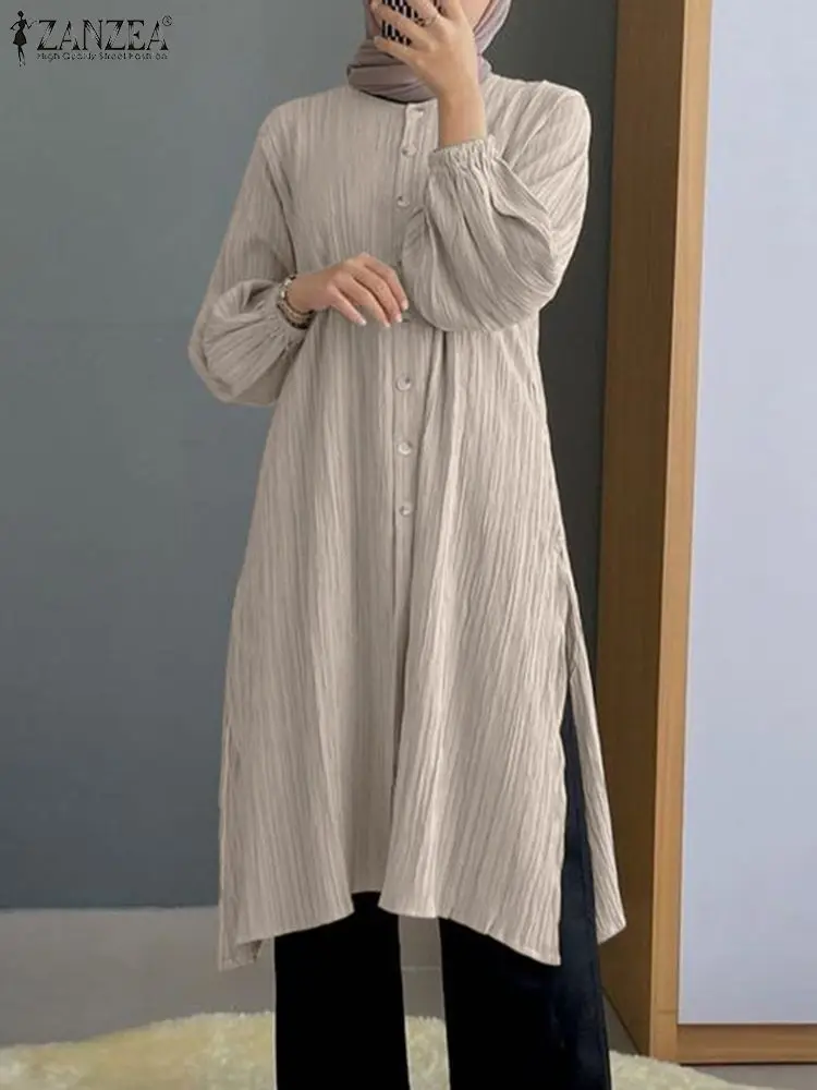 Muslim Long Tops Women Fashion Long Sleeve Blouse ZANZEA Turkey Abaya Islam Clothing Blusas Femme Causal Solid Buttons Up Shirt