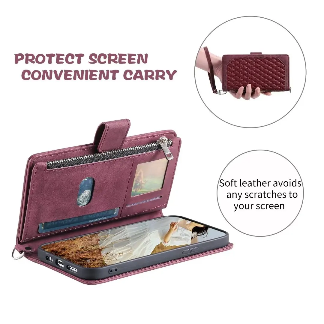 Fashion Zipper Wallet Case For OnePlus 8T Flip Cover Multi Card Slots Cover Phone Case Card Slot Folio with Wrist Strap