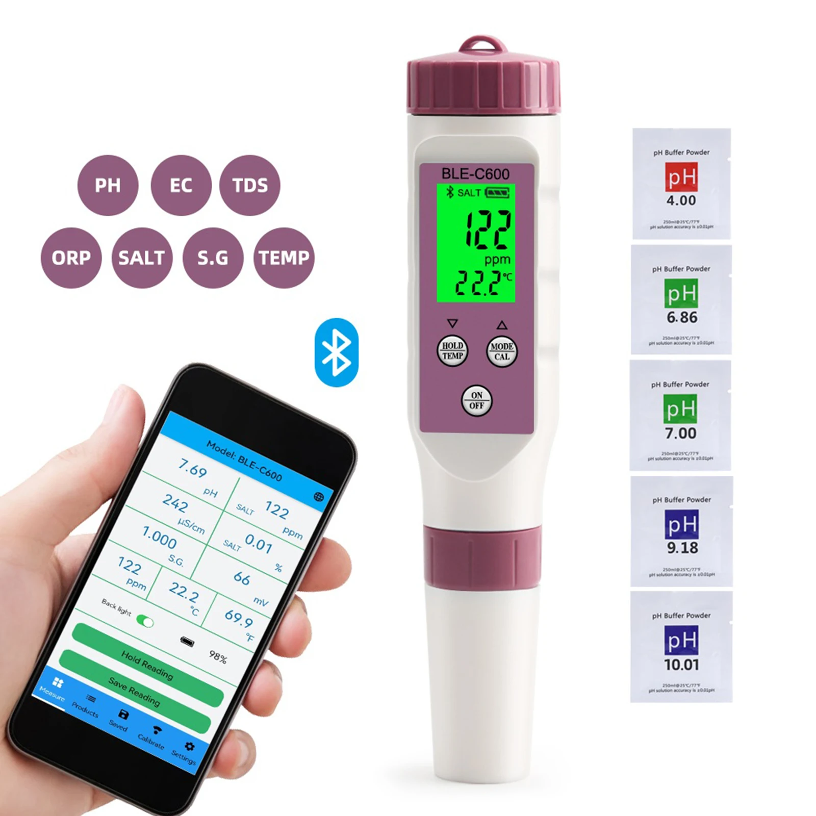 

7 In 1 Water Quality Testing Pen Water Quality Detector Ph/ec/tds/orp/salt/s.g/temp Measuring Conductivity Mobile App Data