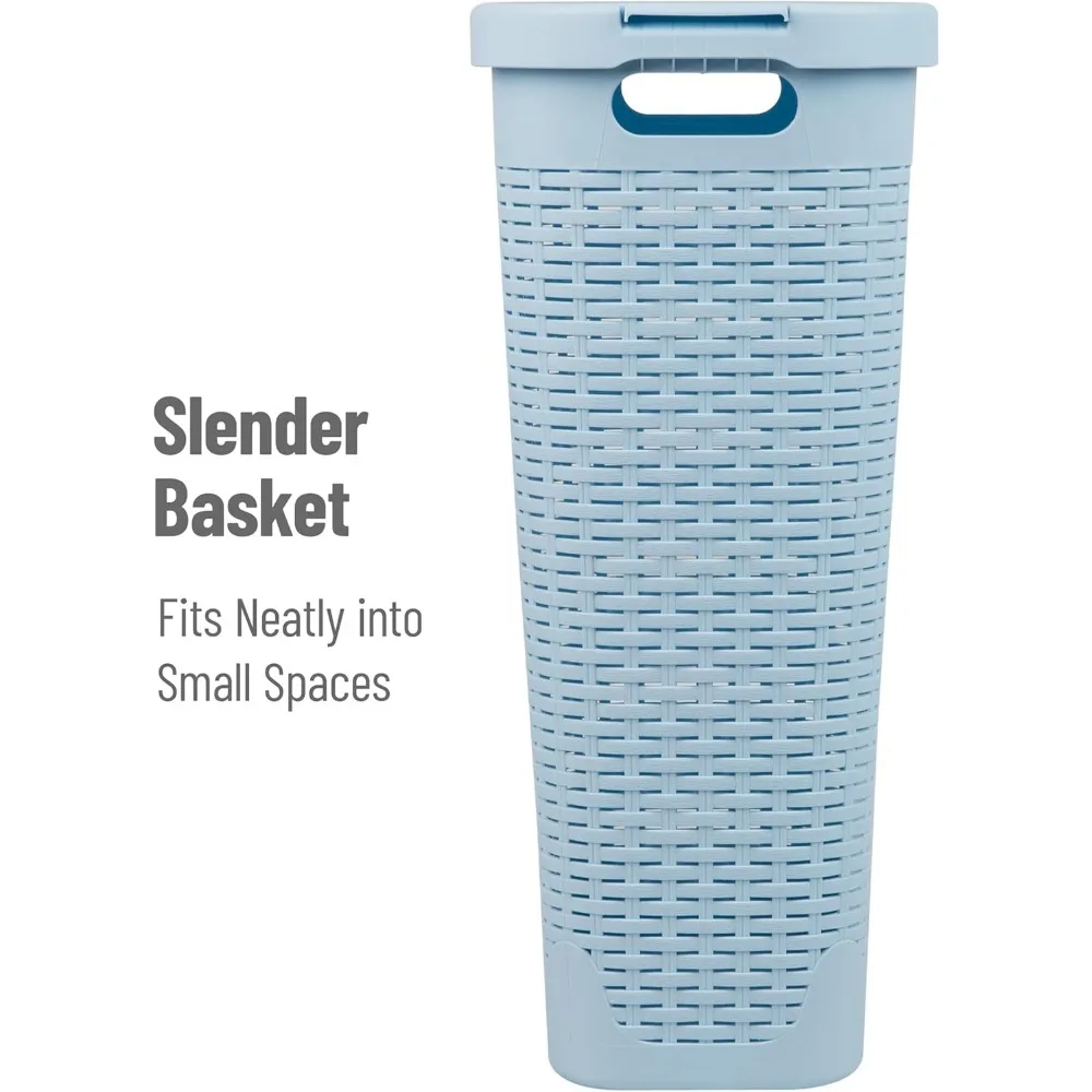 40L Slim Laundry Hamper, Clothes Basket, Lid, Wicker Design, Plastic, 18"L x 10.4"W x 23.5"H, Baby Blue