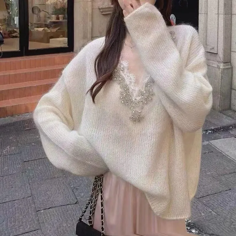 

Hsa 2023 Women Winter V neck Diamond Beading White Sweater and Pullover Beige Solid Color Knitted Pull Femme Hiver Sweet Sweater