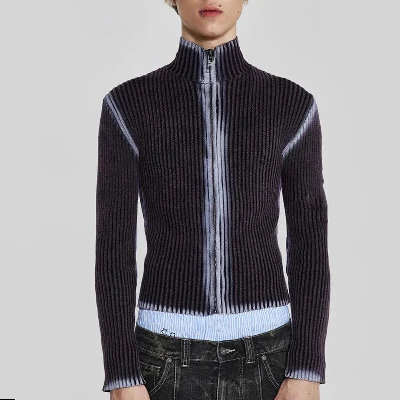 Streetwear Men Knitted Vest Pullovers New Men's Turtleneck Sleeveless Top Sweater Zipper Tie-dye Clothing Autumn