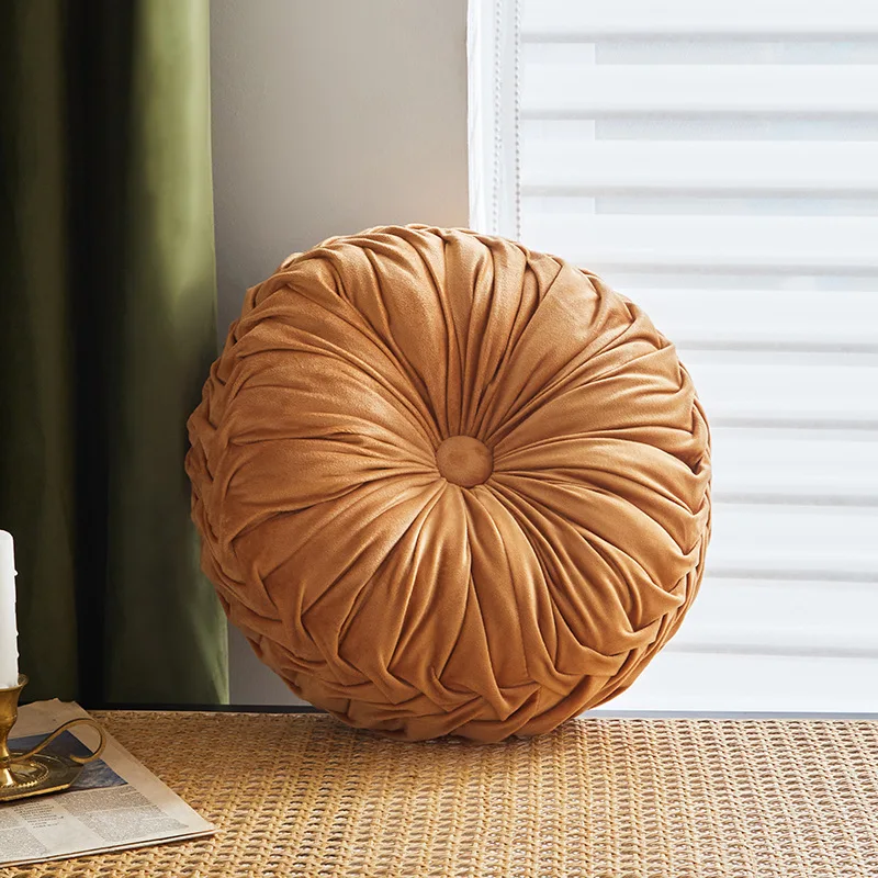 Round Throw Pillow Velvet Pleated Round Pillow Cushion for Couch