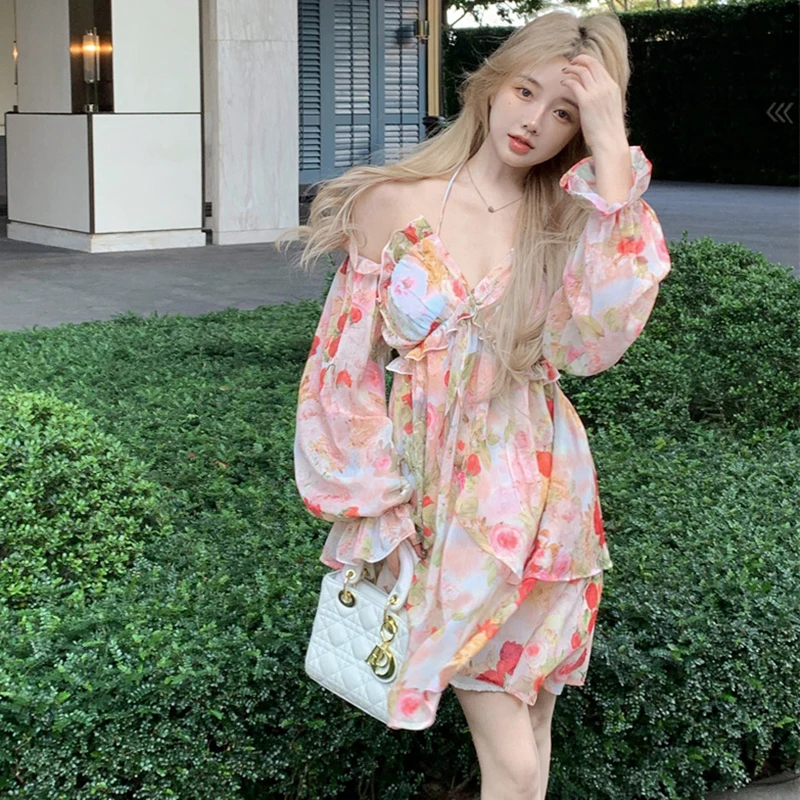 

NEW Halter Backless Mini Chiffon Dresses Sweet Long Sleeve Chic Pink Dress 2024 Summer Beach Women's Lolita Sexy Club Dress