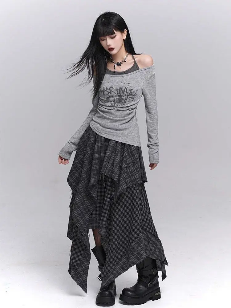 Y2k Harajuku Vintage Skirts High Waist Plaid Patchwork Irregular Spicy Girl Long Skirt Streetwear Design 2025 Women's Clothing 3