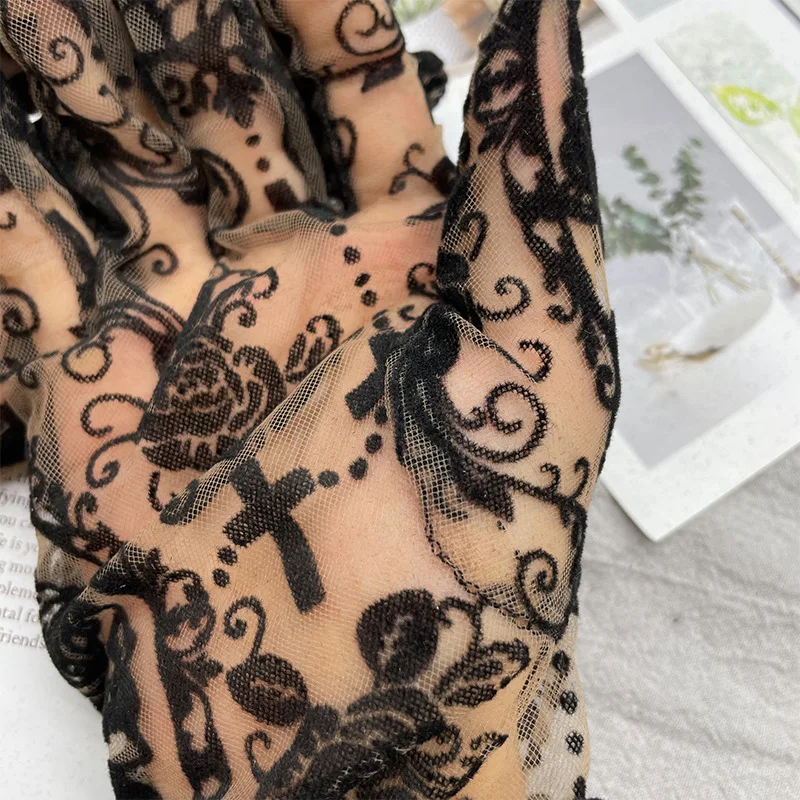 Sexy Black Lace Thin Transparent Elasticity Mesh Short Gloves Women Sunscreen Gothic Punk Lolita Cosplay Cross Flowers Mittens