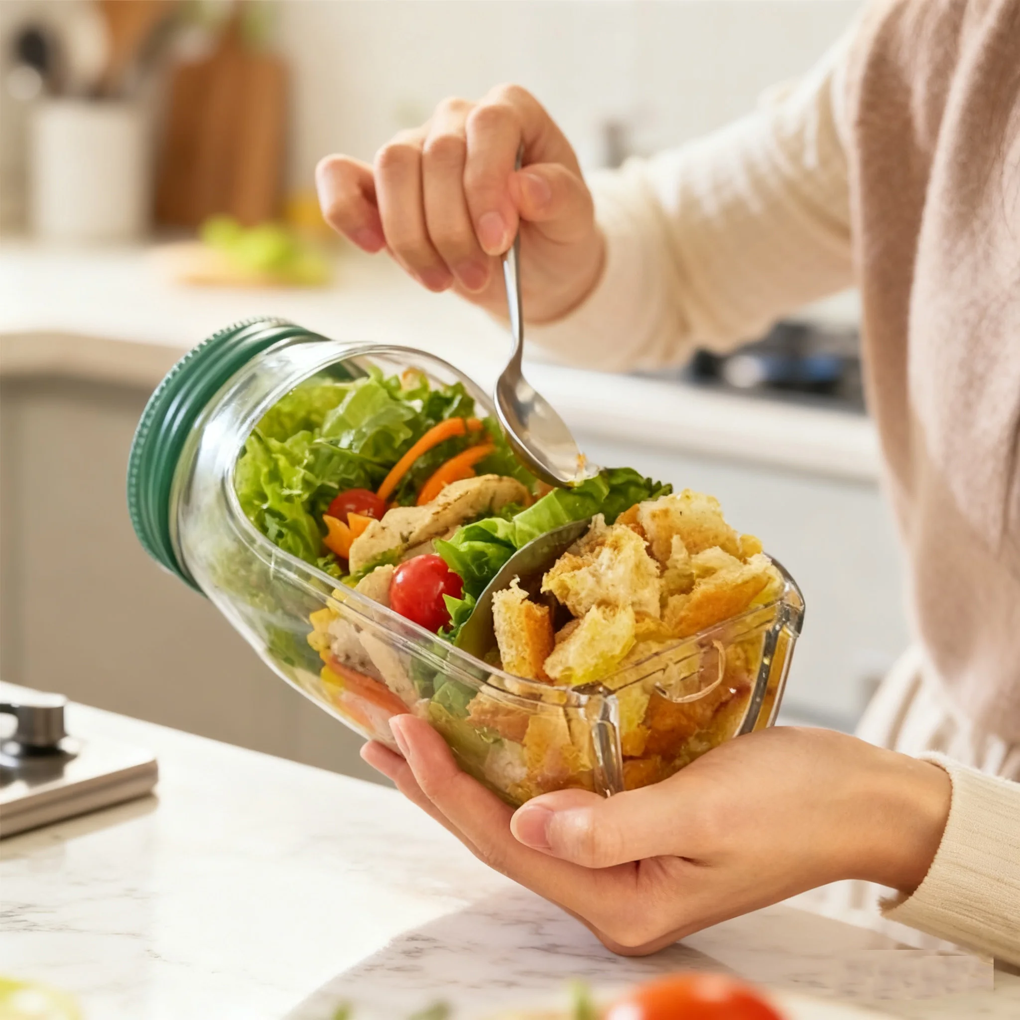 Leakproof Salad Box Plastic Salad Container with Side-opening Cover Salad Mixing Bowl BPA-Free for Baking Preparing Storage