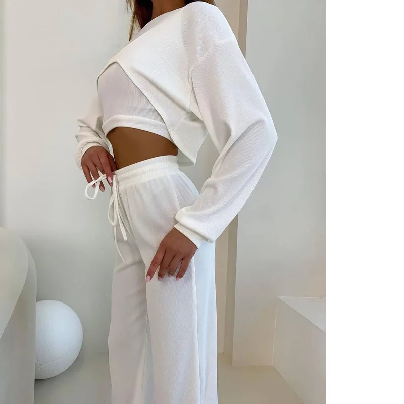 New Fashion Crew-neck Short Long-sleeved Short Top Trouser Suit Three-piece New Pure Color Lace-up Sexy Sport All-match Ladies
