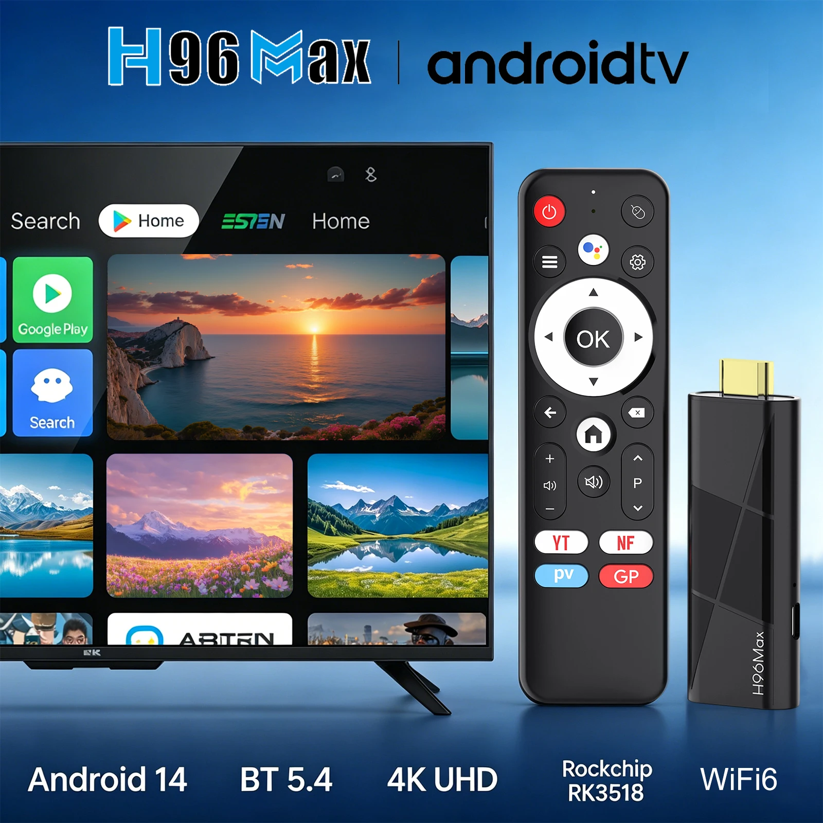 Nouveau 2026 H96 MAX RK3518 TV Stick Android 14 4K TV Box Android Quad Core RAM WiFi6 BT5.4 2GB 8GB/16GB Smart TV Box avec télécommande vocale 1