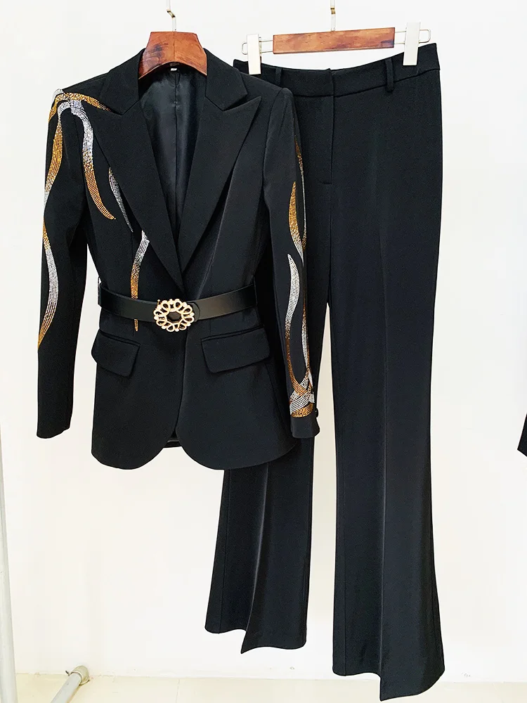

Chic Stylish Fashion Vintage Designer Runway Flare Pants Suit Set Women's Colorful Diamonds Belted Blazer Jacket Top Trousers