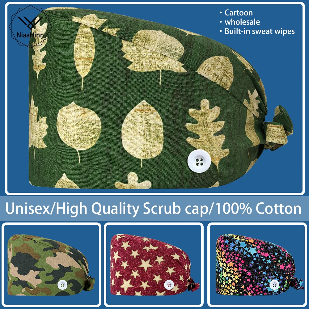 

Hot Hospital Men's Operating Room Nurse Scrubs Hats Beautician Pet Shop Women Scrub Nurse Accessories 100% Cotton Surgical Caps