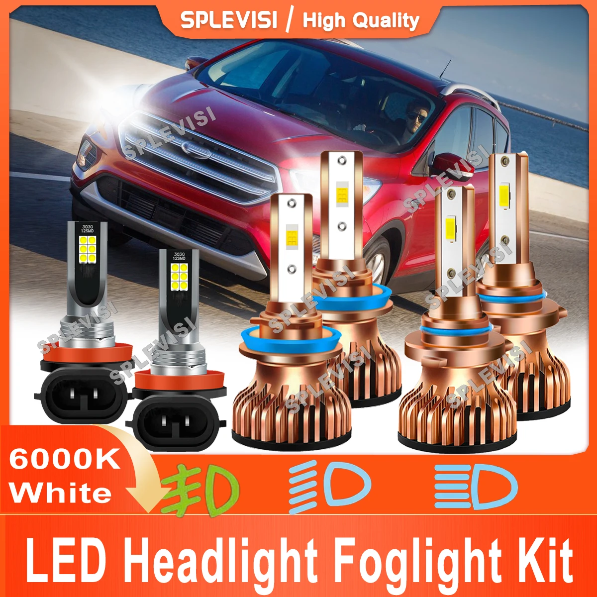 

Светодиодные чипы SPLEVISI CSP, прозрачный белый цвет, замена для Ford Escape 2019 2020 2021, светодиодная фара дальнего и ближнего света, противотуманная фара, автомобильная фотолампа