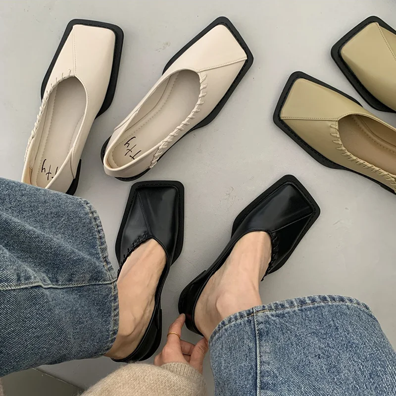 

Summer Shoes Ladies Female Footwear Square Toe Women's Moccasins Autumn Casual Sneaker Shallow Mouth Soft 2023 Retro Dress Fall