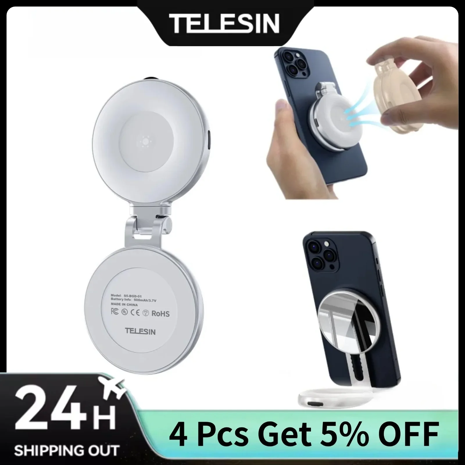 Ring Light Magnétique TELESIN - Lampe Selfie LED Avec Miroir - Compatible MagSafe - 3 Modes Éclairage