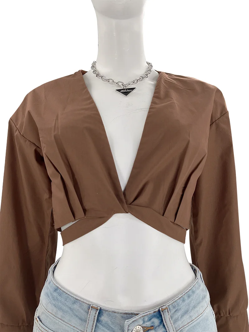 Spring and Summer New Solid V-neck Strap Open Navel Short Women's Casual Back Zipper Cardigan Fashion Long Sleeve Shirt Female