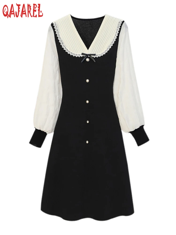 

2024 White Knitted Patchwork Lace Doll Collar Long Dress Autumn Winter Long Sleeve Loose Prom Dress Women Korean Elegant Dresses