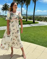 Women Flower Printed Puff Short Sleeve Linen Holiday Maxi Dress