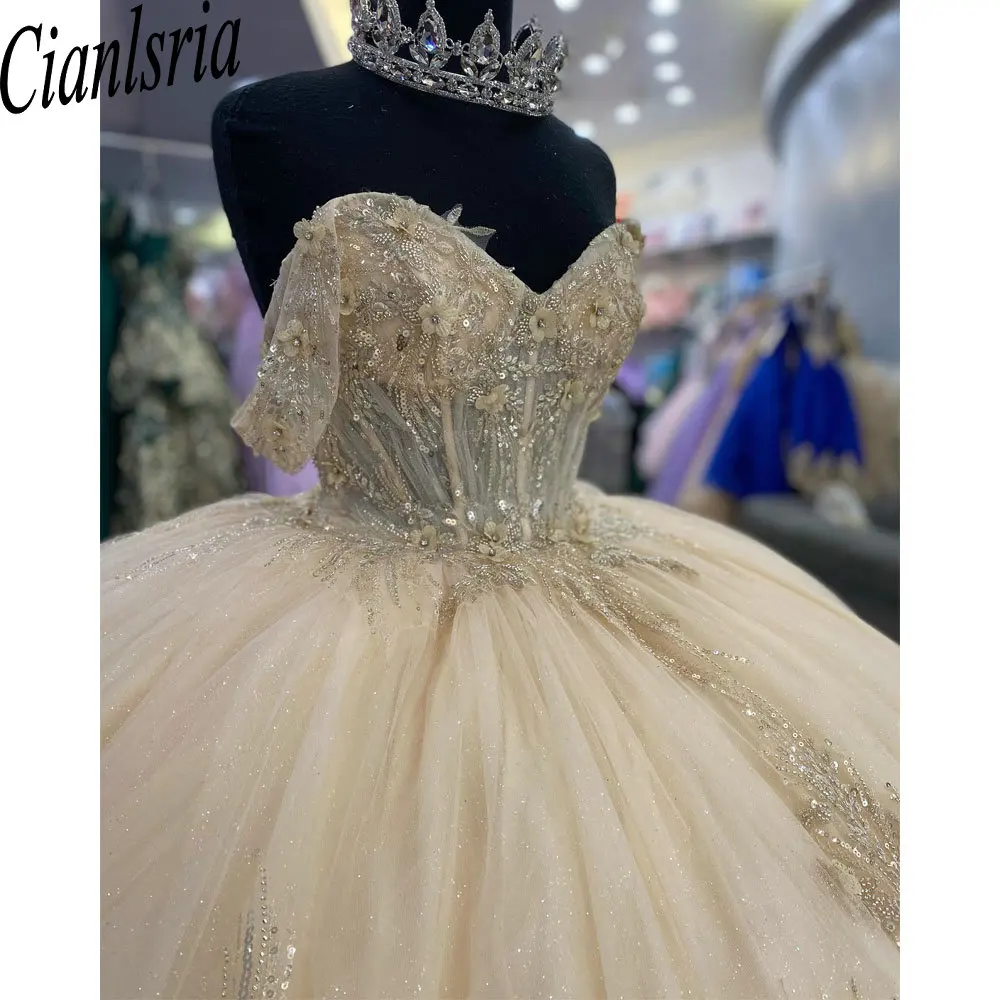 

Champagne Illusion Sequined Appliques Lace Ball Gown Quinceanera Dresses Off The Shoulder Beading Crystal Sweet 15 Birthday