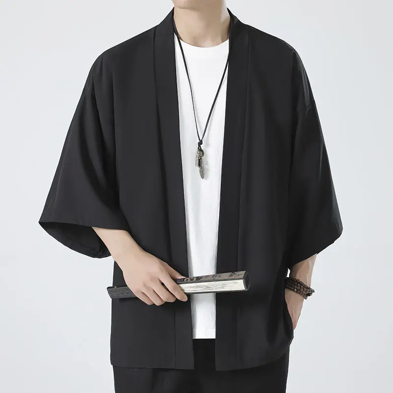 Men's Japanese Kimono Cardigan - Loose Fit Cotton Linen 3/4 Sleeve Summer Shirt Jacket