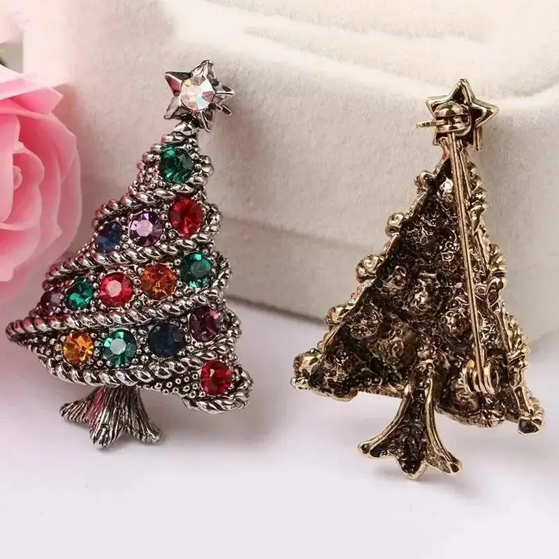 Vintage Diamond Studded Christmas Tree Brooch Alloy Rhinestone Christmas Tree Brooch Accessories Women's Holiday Brooch Jewelry