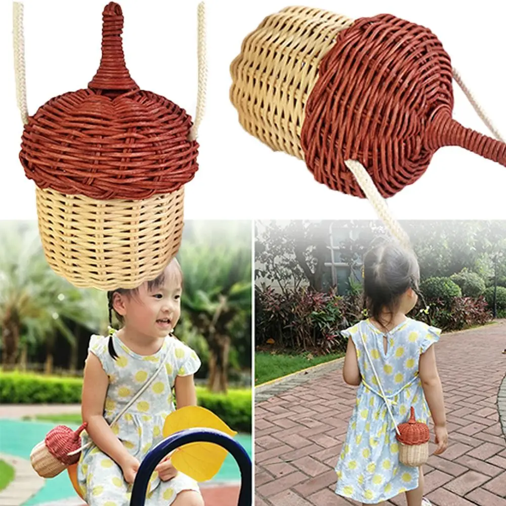 Mini Rattan Crossbody Handbag Pinecone Bag for Kids