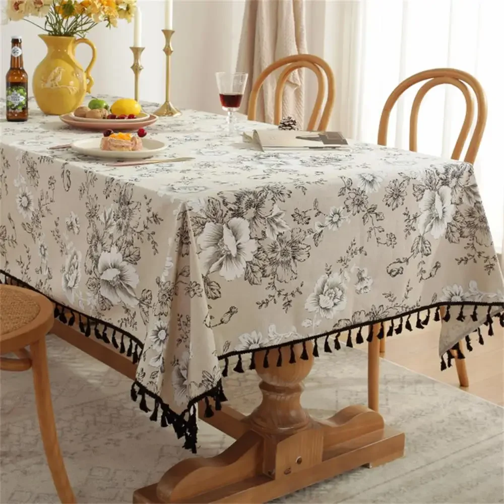 

Rectangular Tablecloth Table Cover for Dinng Room European Retro Peony Printed Tassels Cotton Linen Table Mat Home Decorations