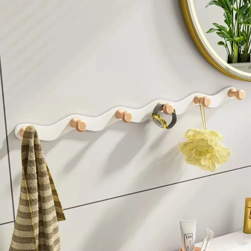 Wall Mount Coat Rack Porch Bathroom Clothes Hook Creative Wave Iron Hook Row No Punch Multi-Functional Wooden Hanger Coat Hooks