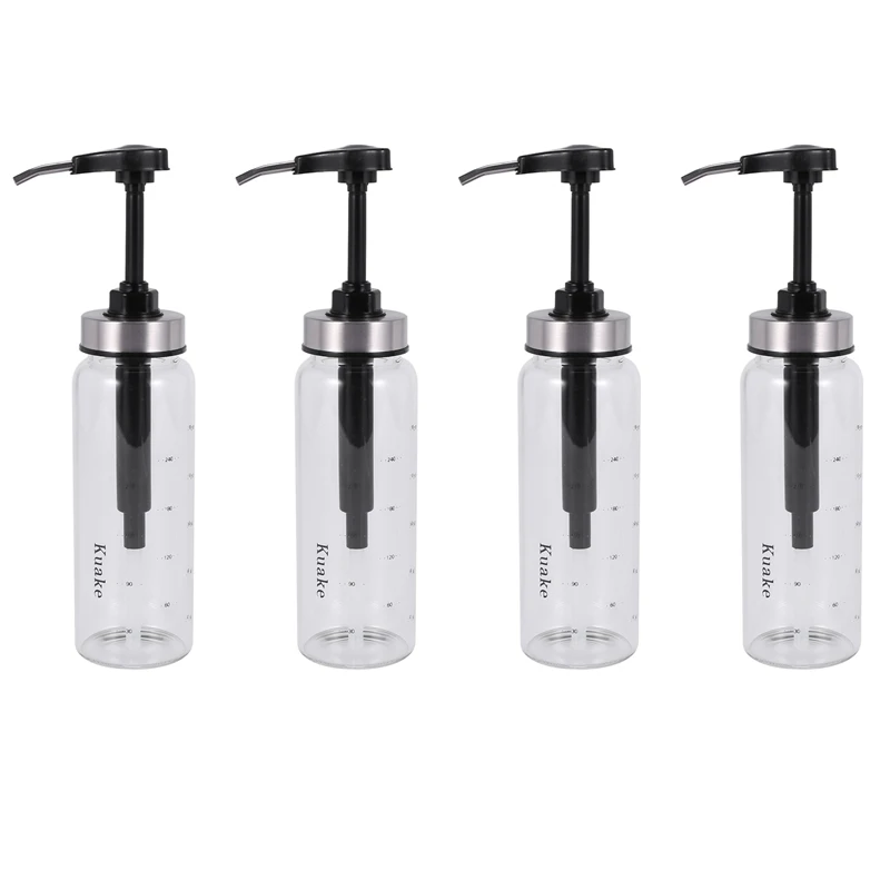 

New 4X Sauce Pump Dispenser With Glass Bottle Leakproof Kitchen Condiment Dispenser For Honey Ketchup Mustard Mayo