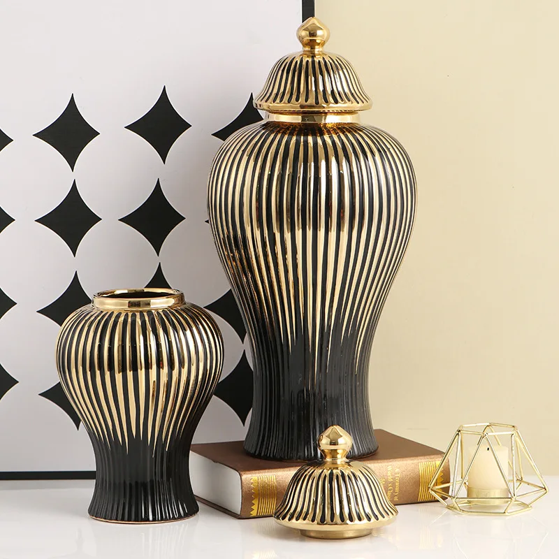 Ceramic Checkmate Jar Flower Vase Black Ginger Jar Gold-rimmed Storage Tank Porcelain Handicraft Floral Arrangement Accessories 2