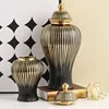 Ceramic Checkmate Jar Flower Vase Black Ginger Jar Gold-rimmed Storage Tank Porcelain Handicraft Floral Arrangement Accessories 2