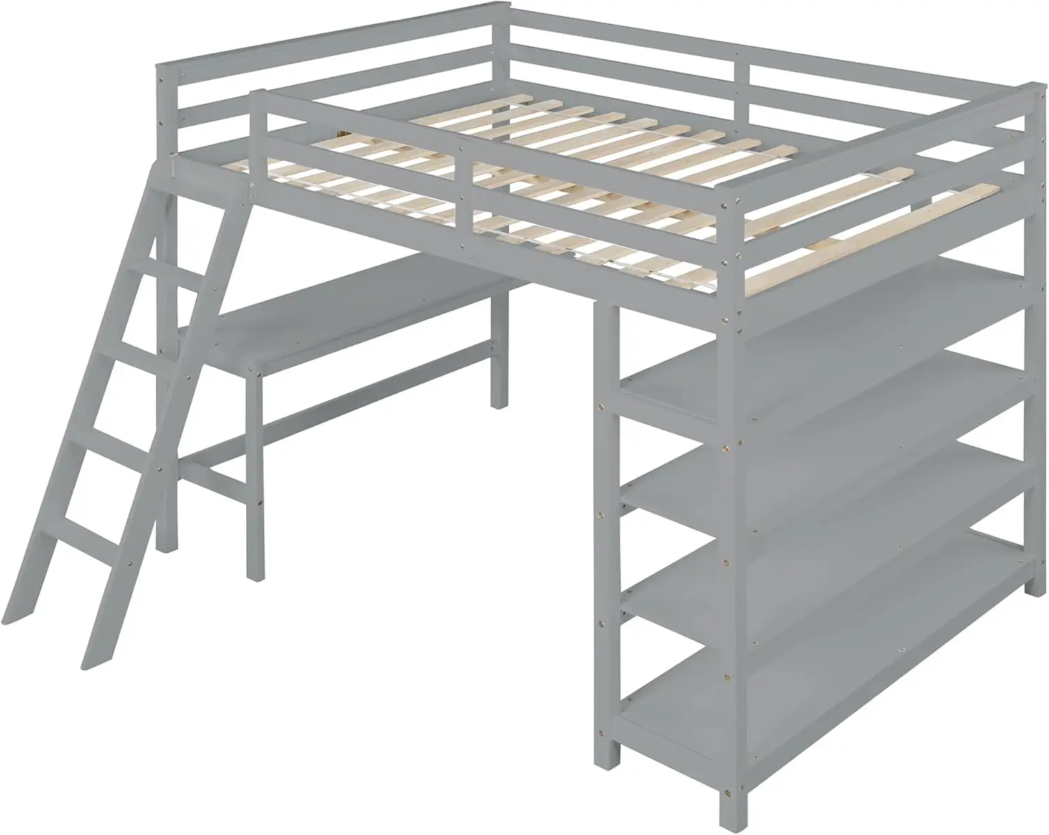 

Full Size Loft Bed, Solid Pine Wood Bed Frame with Under Bed Desk, 4-Storage Shelves