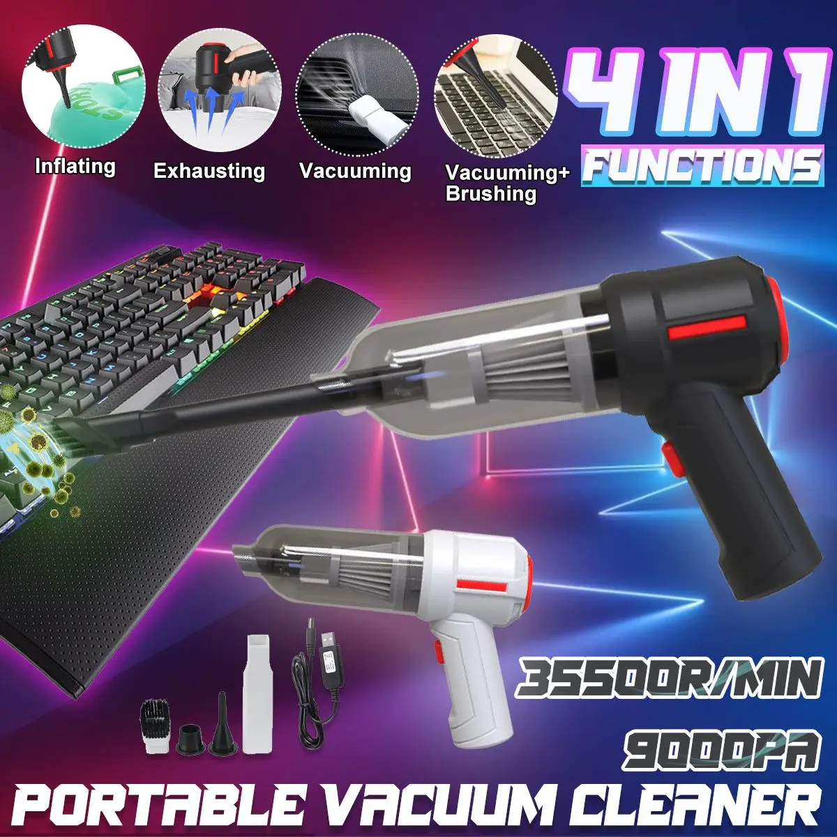 Portable 2 in 1 Air Blower & Vacuum Cleaner Cordless Duster Blower Mini Compressed Air Duster for Keyboard Computer Cleaning