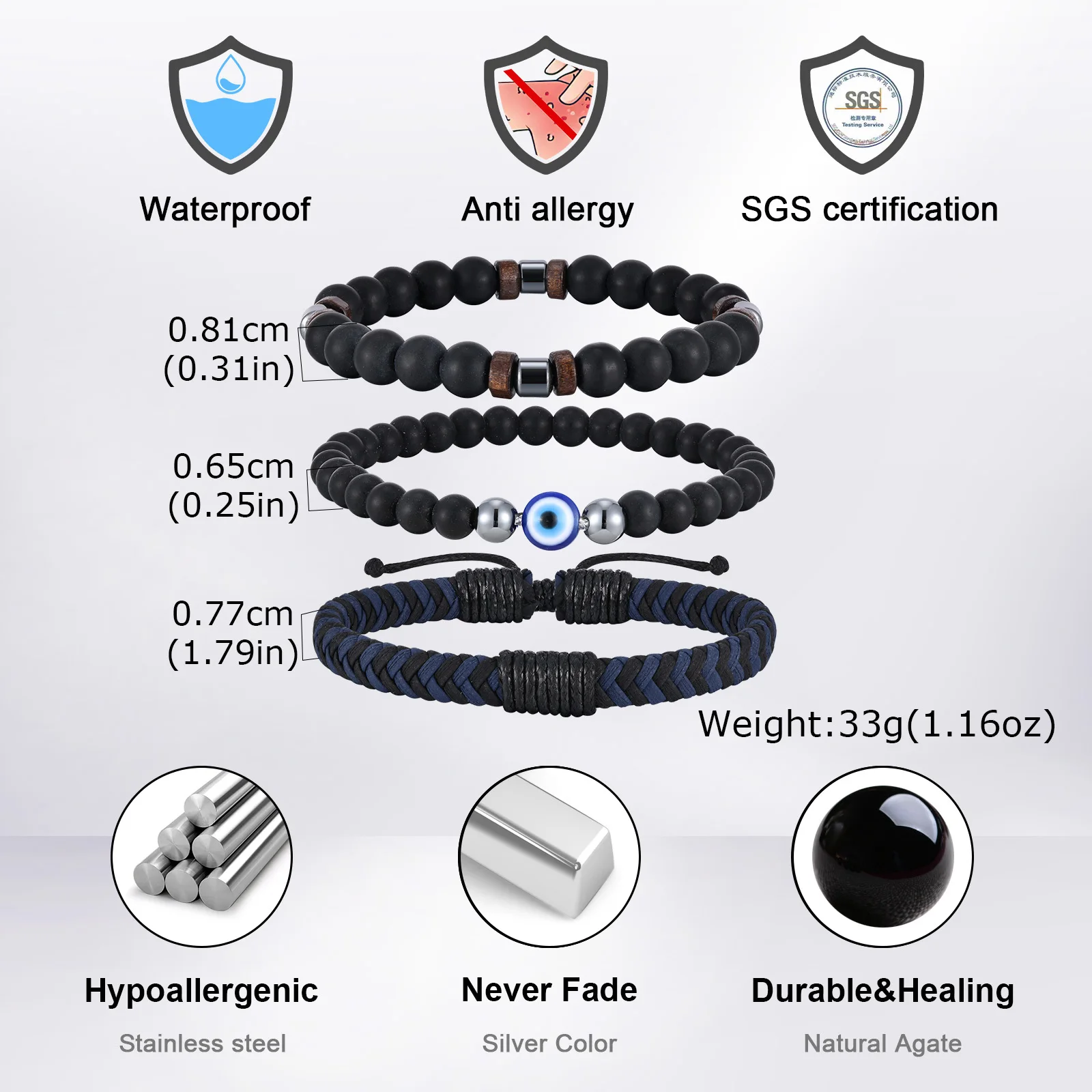 3pcs Devid Eye Beaded Bracelet for Men,Black Color Layers Leather Wristband,Birthday Anniversary Gift