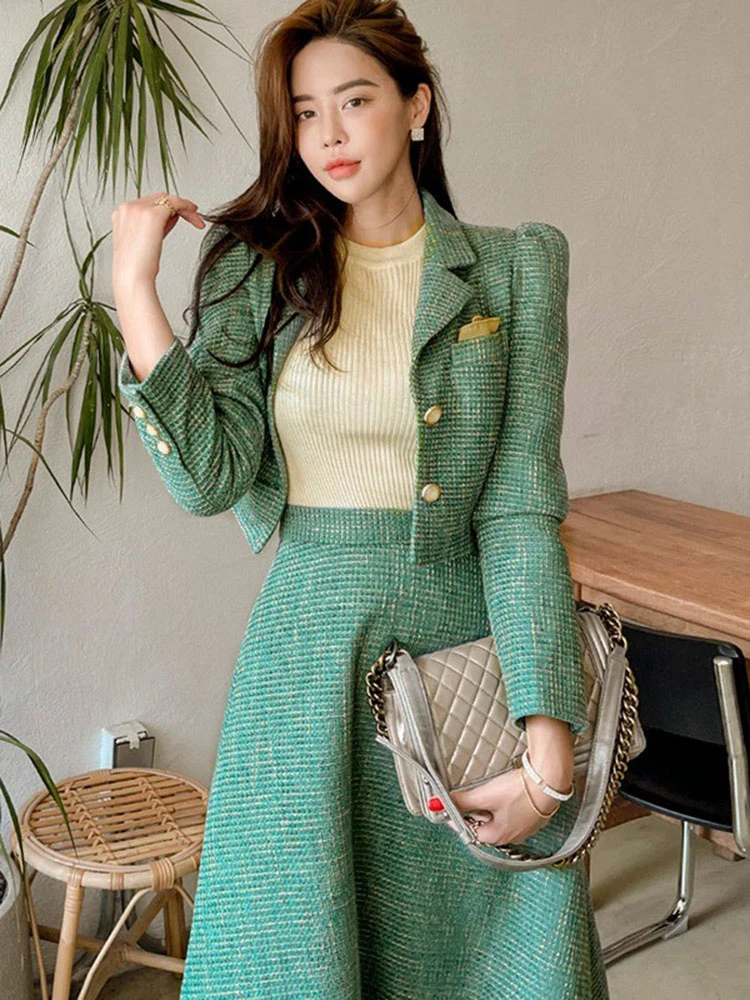 Cropped Blazer Coat And Skirt Set Set Lanajane Yellow Houndstooth - Main Image