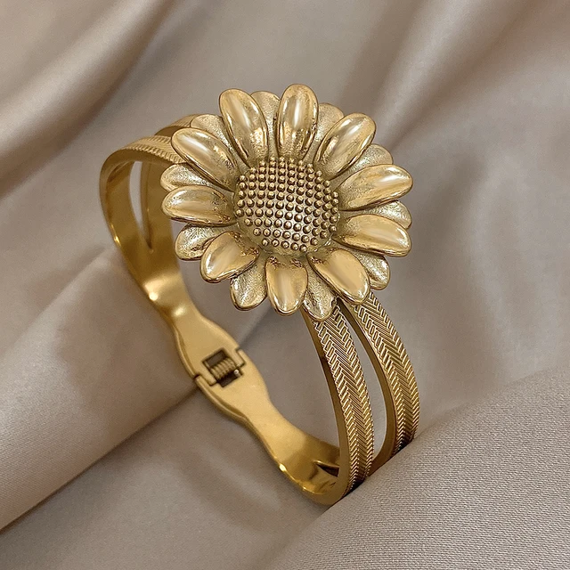 AENSOA Exaggerated Flowers Stainless Steel Charm Wide Bracelet for Women Trendy Golden Sunflower Cherry Floral Thick Cuff Bangle 4