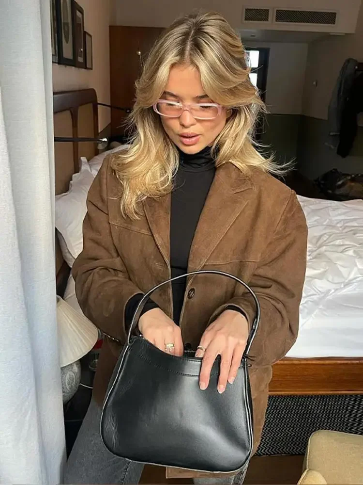 Autumn Brown Suede Jacket With Lapel Woman Casual Single Breasted Pocket Long Sleeve Short Coat 2024 Lady High Street Outwear 2