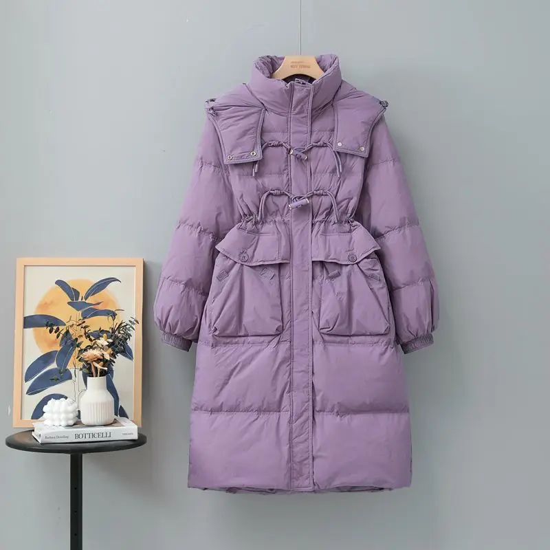 

New 2023 Winter Down Coat Women Down Jacket Female Long Thickened Warm Over Knee Hooded Fashion Lady Coats Purple