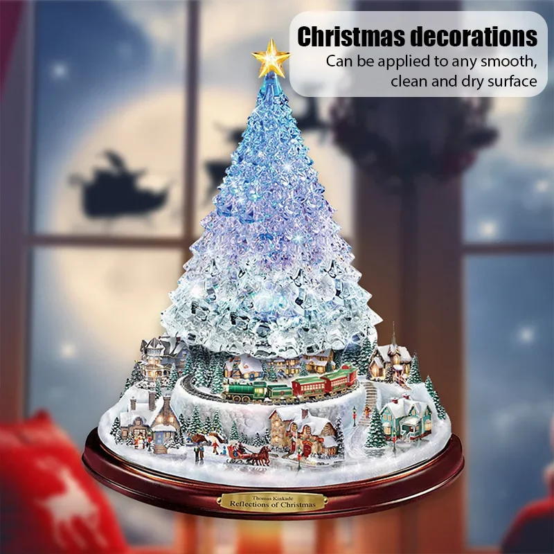 

20x30Cm Christmas Crystal Tree Santa Claus Snowman Rotating Sculpture Window Paste Sticker Winter New Year Party Home Decoration