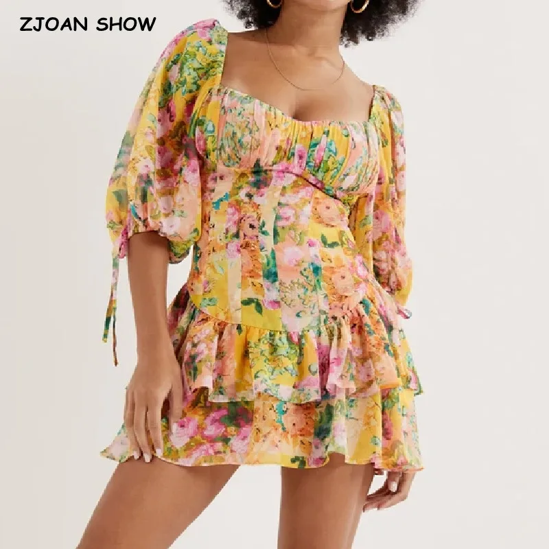 

2023 Yellow Flower Print Ruched Chest Corset style Mini Dress Women Half Puff Sleeve Low Waist Irregular Ruffles Hem Short Robe