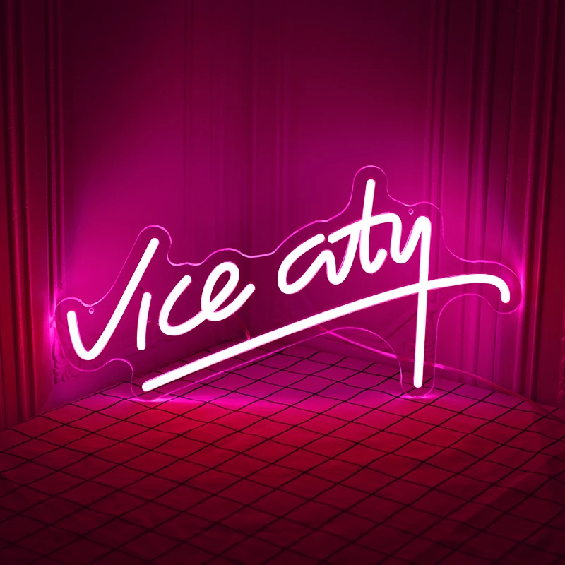 Pink Vice City Neon Sign 15.6x9.8 Inch Led Neon Sign for Bedroom Neon Letters Lights Sign USB Powered for Game Room