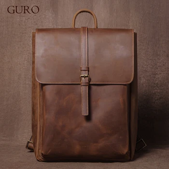 GURO Men's Retro Genuine Leather Backpack Simple Flap Travel Bag Women Natural Cowhide Deluxe Schoolbag Daily Commuter Backpacks 1