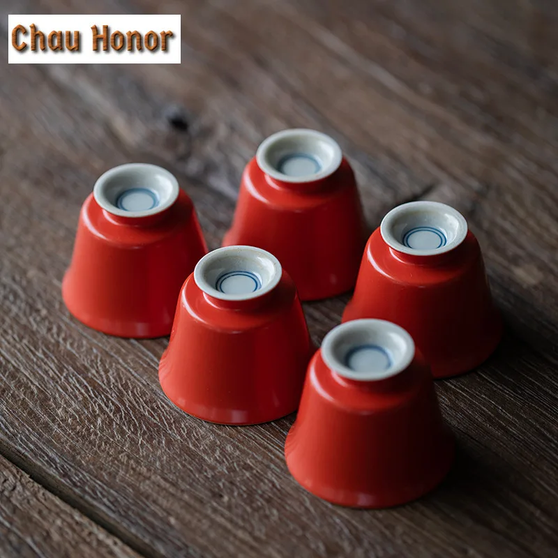 45ml Coral Red Glaze Ceramic Tea Cup With Coaster Hand-painted Double Line Single Master Cup Household Set Kung Fu Teaware Set