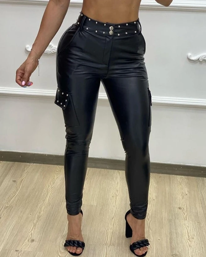 Pu Leather Nailed High Waist Pants 2023 New Hot Selling Fashion Women's Small Foot Long Pants Tight and Noble 2023 hot selling women s jumpsuit tight knit sweater versatile jumpsuit zippered top three piece pants