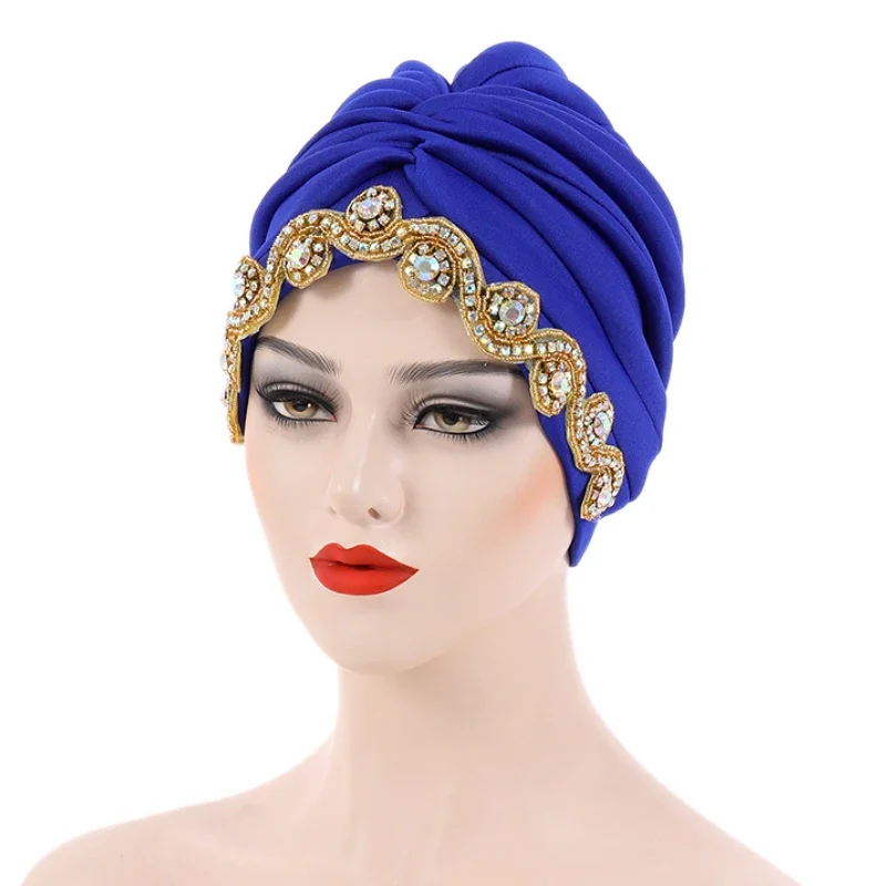 

Luxury Indian Pleated Hat Muslim Africa Head Wrap For Women Arab Hijab Caps Diamond Sequin Turban Crinkle Beanie Winter Headtie