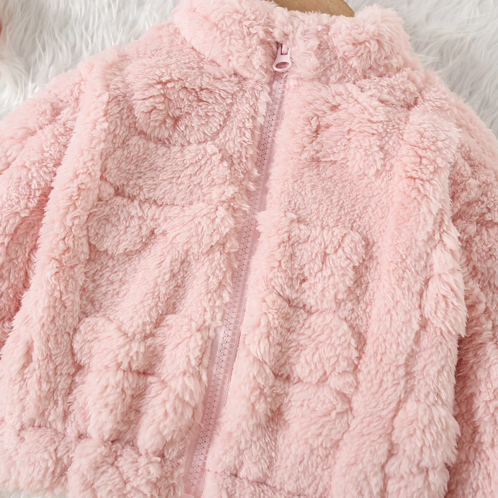 New Winter Girl's Coat Hairy Thick Fleece Jacket Jacket Solid Color Printed Round Neck Zipper Cardigan