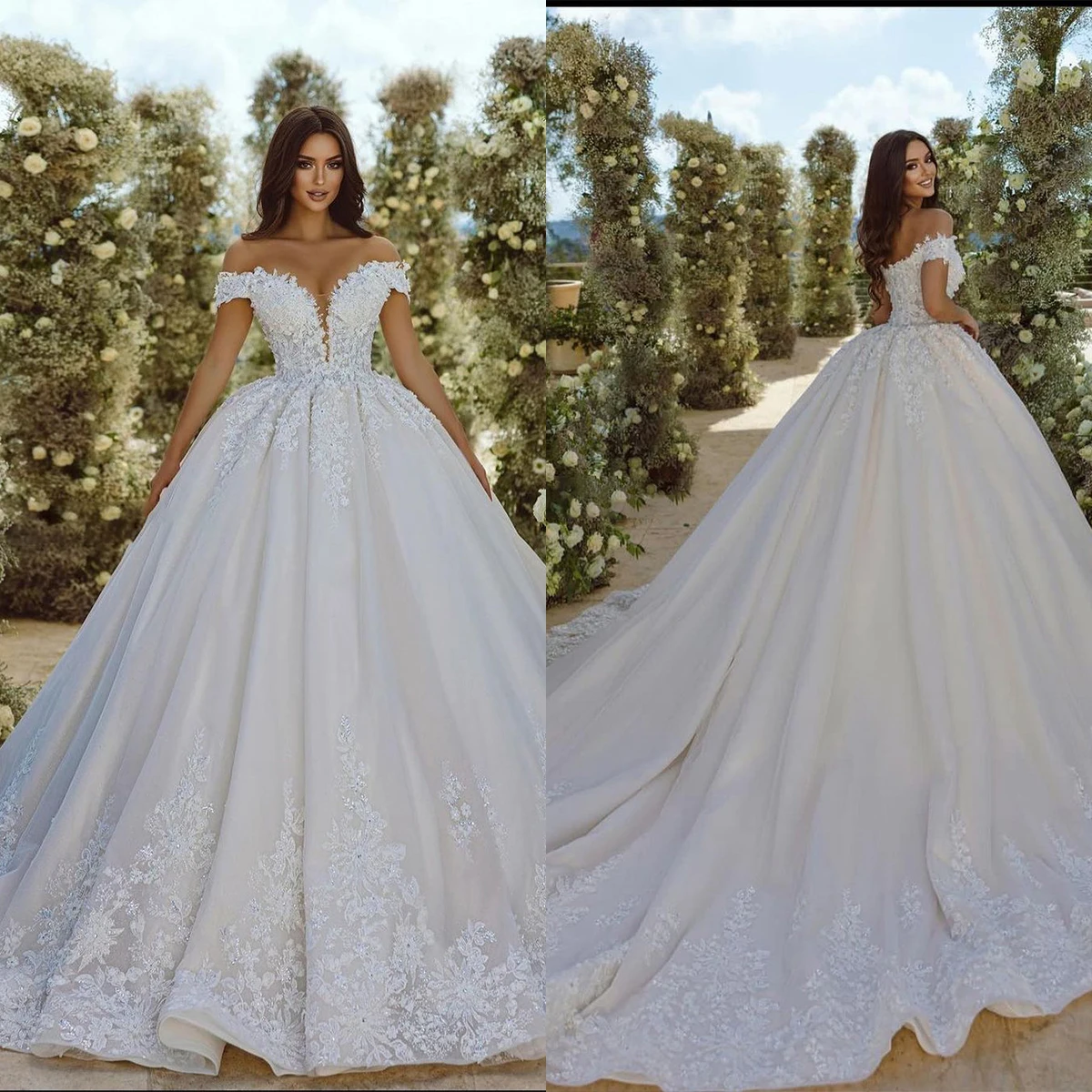 

Gorgeous Off Shoulder Ball Gowns Lace Appliques Wedding Dress Custom Made Beaded Embroidery Vestido de novia