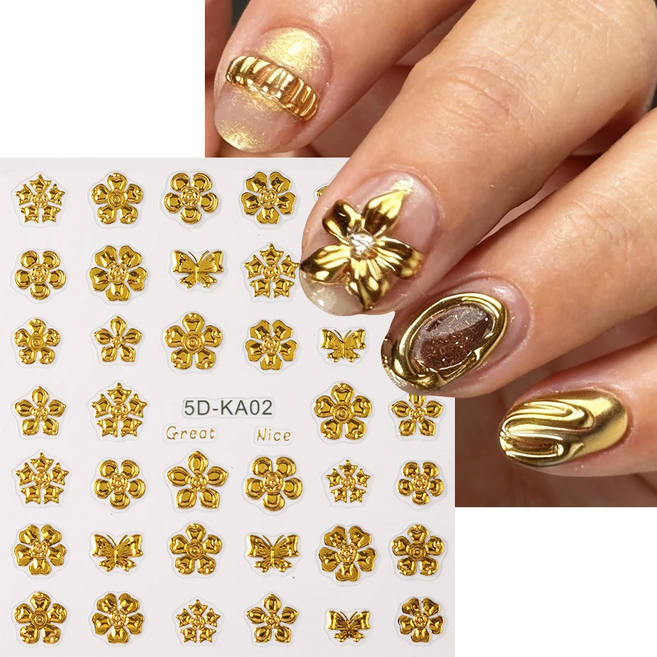골드 플라워 네일 아트 스티커 데칼 글로시 크롬 블루밍 플로럴 나비 스티커 네일 슬라이더 디자인 네일 아트 데코레이션