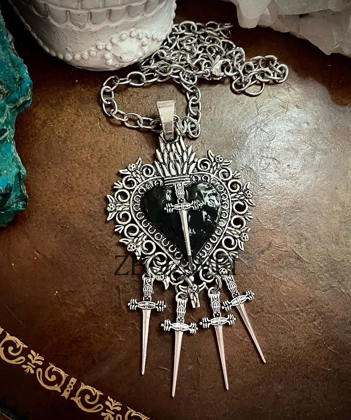 Sacred Heart Sword Necklace Black and Silver, Sacred Heart Sword
