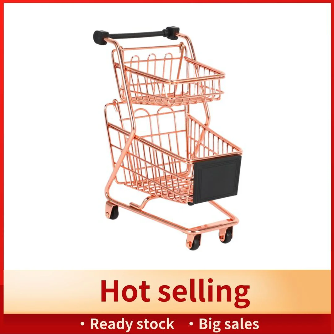 

Mini Double Layers Shopping Cart Model Wrought Iron Supermarket Trolley Metal Rose Gold Storage Basket