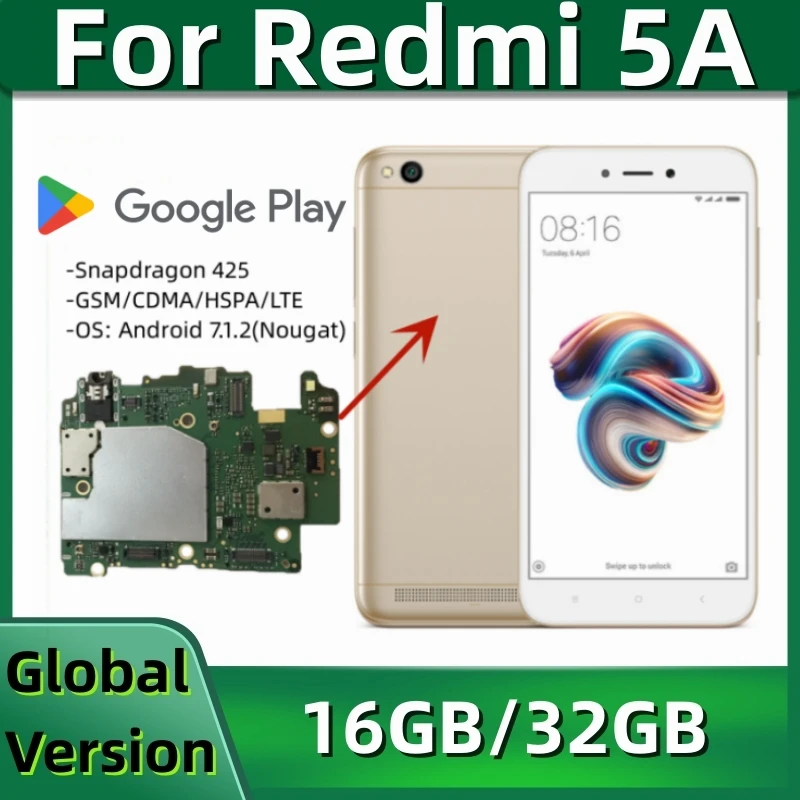 

Motherboard for Xiaomi Redmi 5A, MCG3B, Original Mainboard, Logic Board, with Global MIUI System, 16GB, 32GB ROM